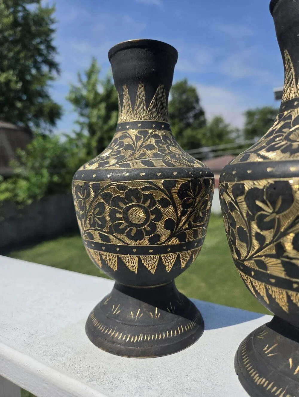 Vintage MCM Indian Brass Etched Floral Vases, Black & Gold Enamel Set of 2